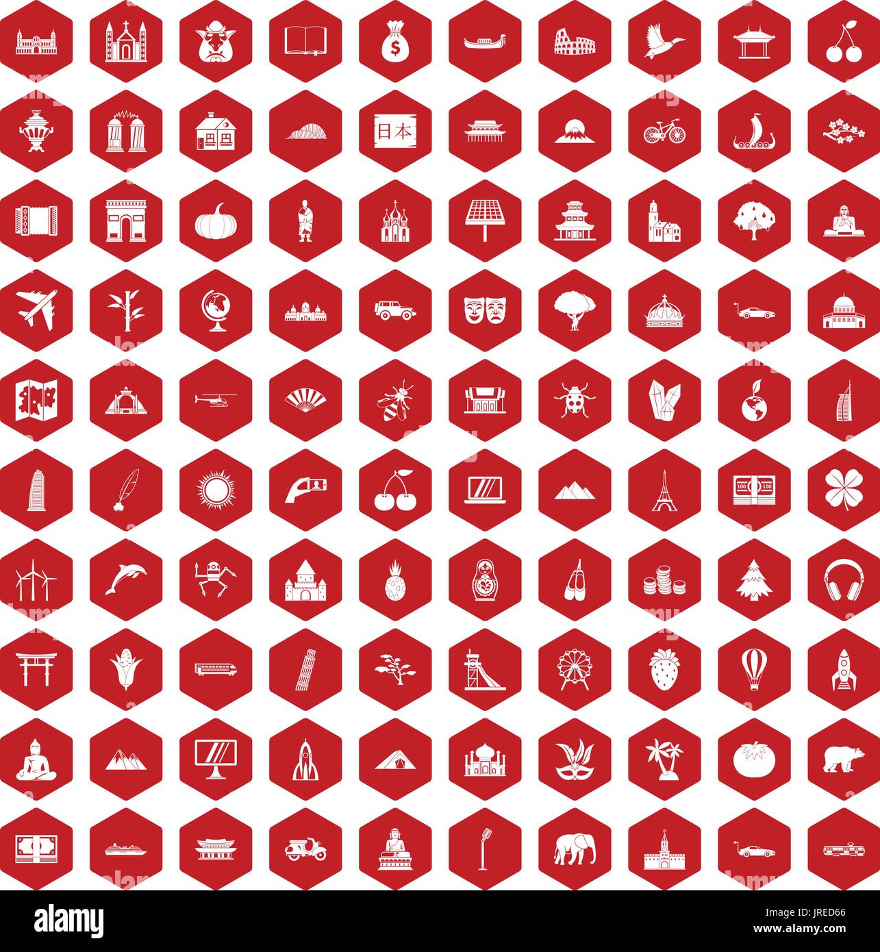 100 world icons hexagon red Stock Vector