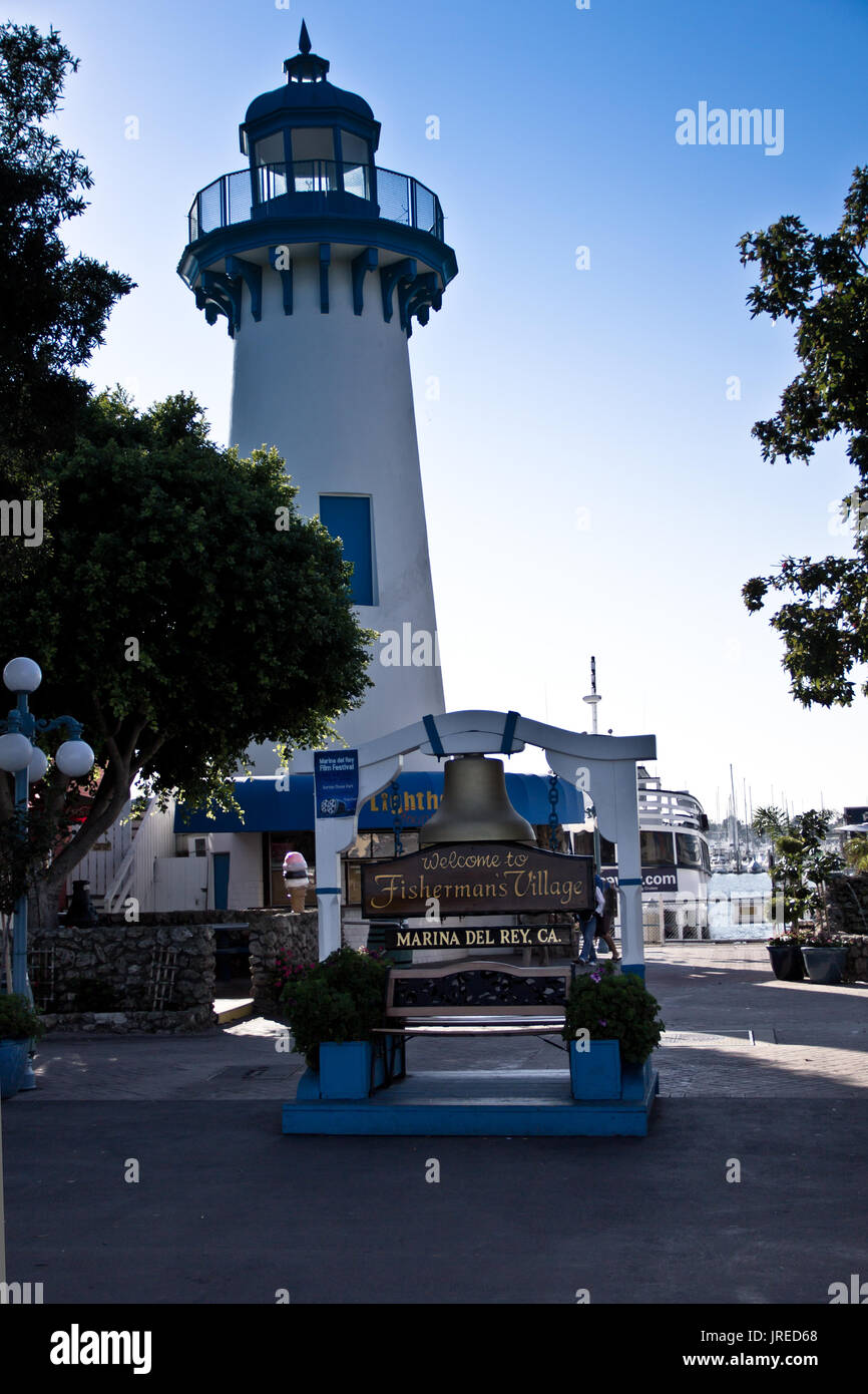 A lighthouse graces the entryway to Fisherman's Village in Marina Del