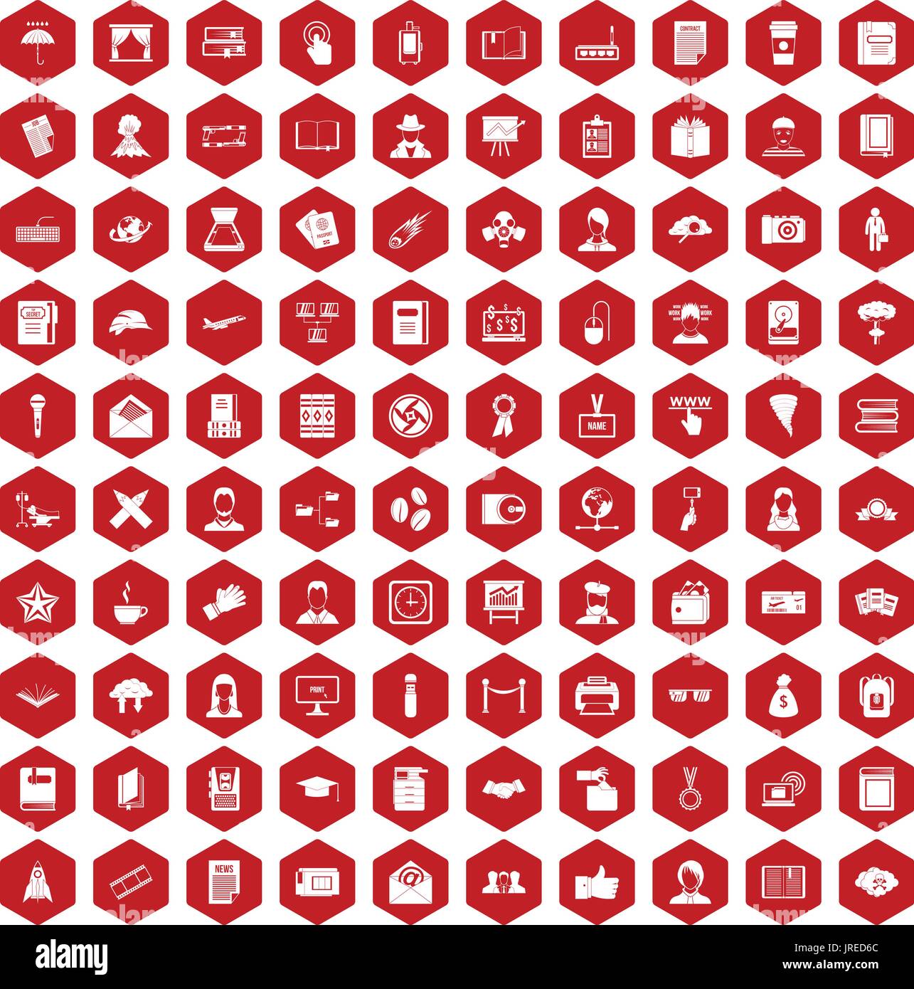 100 writer icons hexagon red Stock Vector