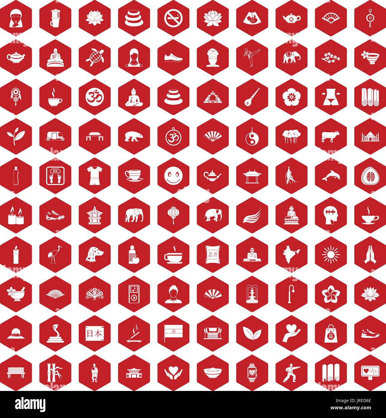 100 yoga icons hexagon red Stock Vector