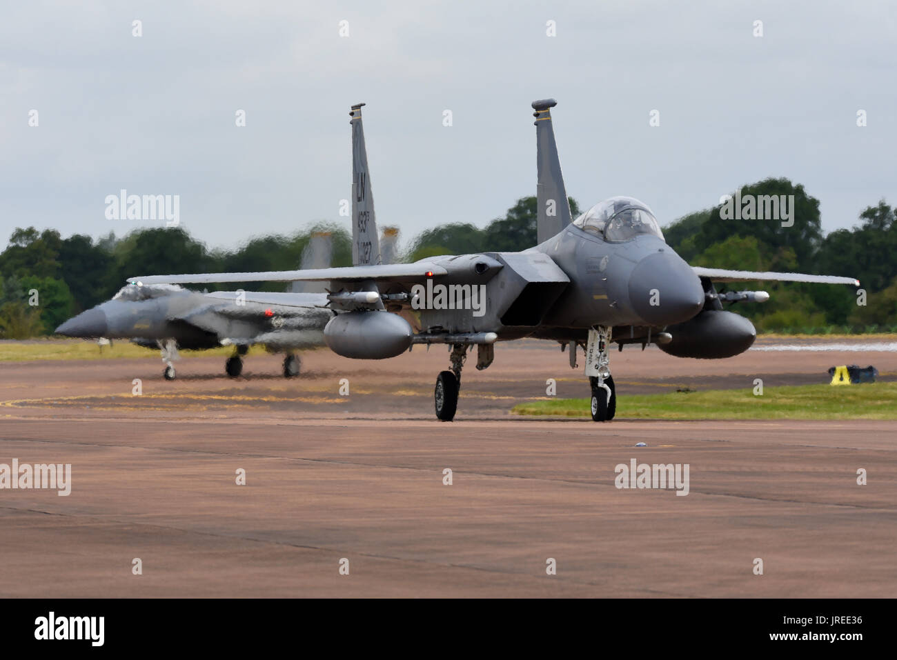 US Air Force F-15C Eagle fighters of the 493rd Fighter Squadron, 48th Fighter Wing based at RAF Lakenheath. Nicknamed the Grim Reapers. Space for copy Stock Photo