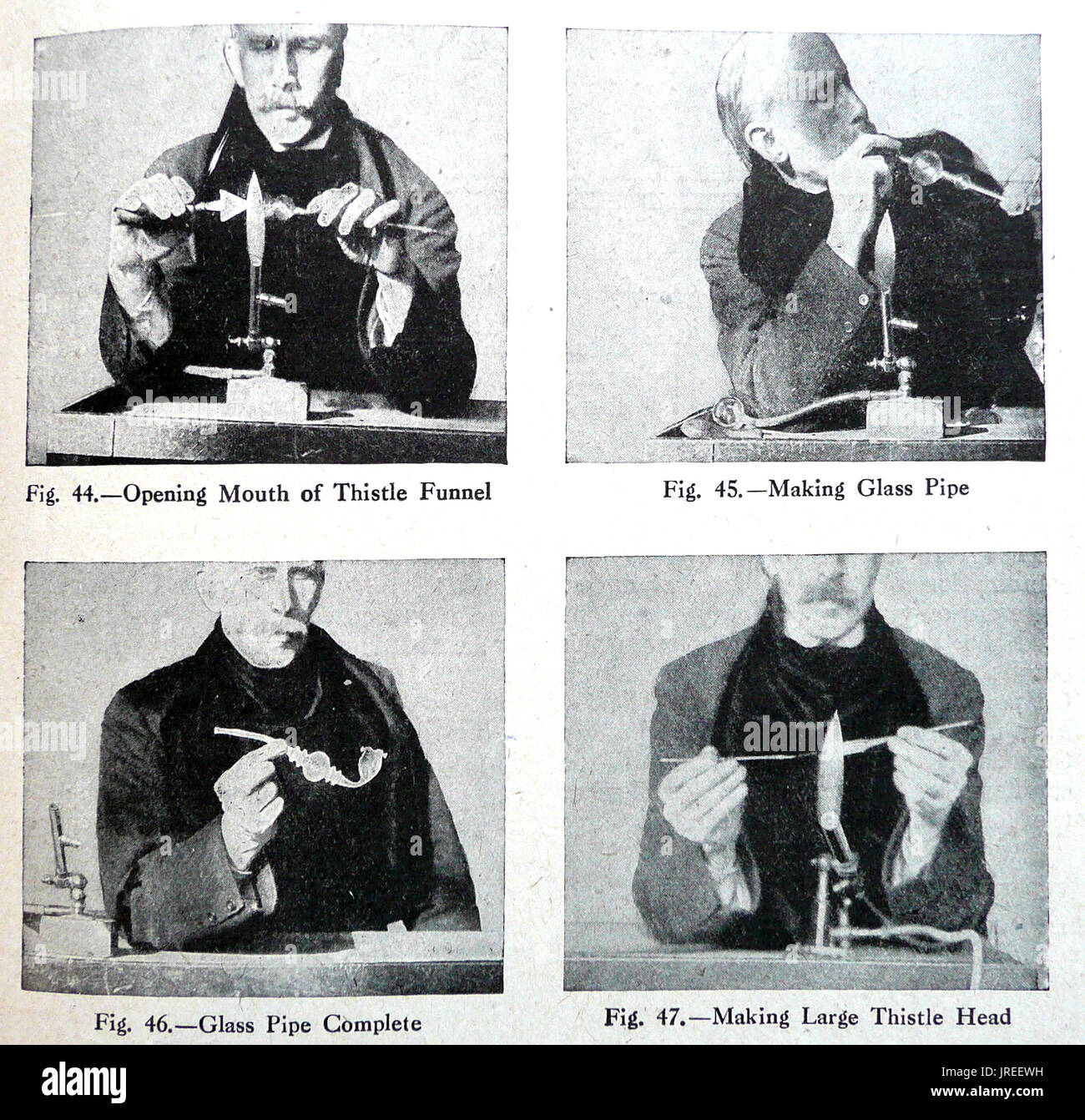 1920's illustration demonstrating how to blow a glass pipe by hand Stock Photo