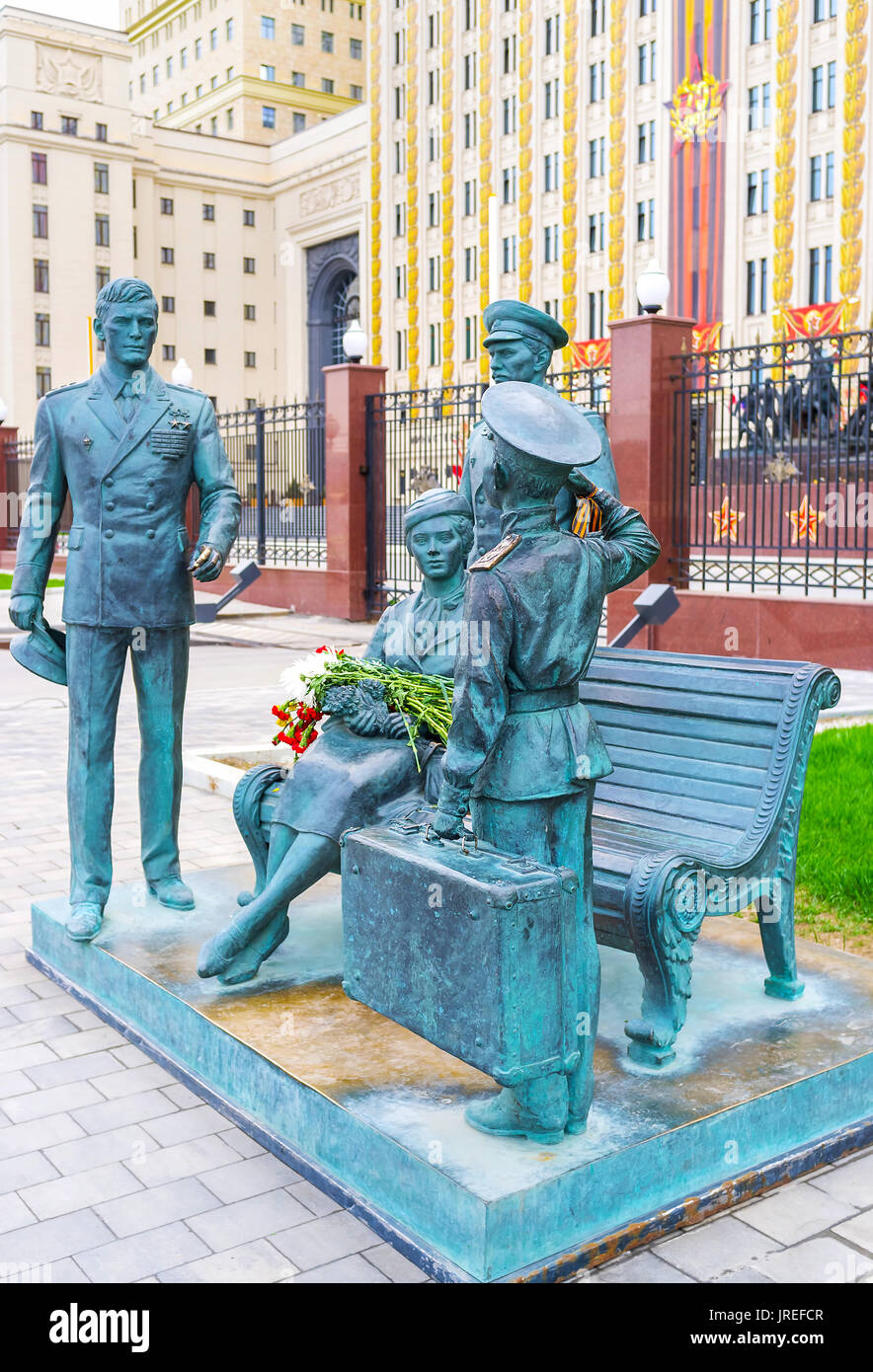 MOSCOW, RUSSIA - MAY 11, 2015: The monument to heroes of so beloved soviet movie Officers located next to the Ministry of Defense, on May 11 in Moscow Stock Photo