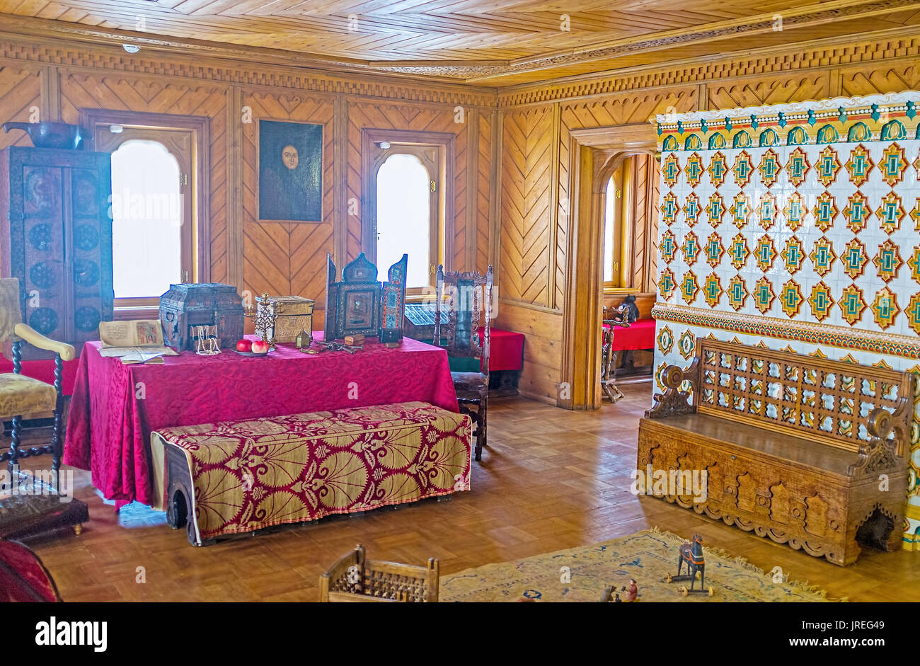 MOSCOW, RUSSIA - MAY 11, 2015: Palace of Romanov Boyar boasts big Ladies Chamber with huge richly decorated stove, on May 11 in Moscow Stock Photo