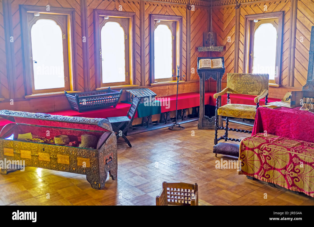 MOSCOW, RUSSIA - MAY 11, 2015: Cozy bright and warm Ladies Chamber in Palace of Romanov Boyar is a perfect place for needlework and playing with kids, Stock Photo