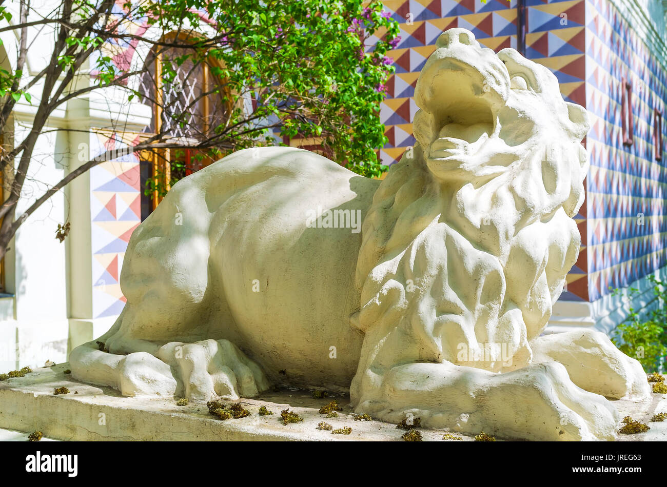 The stone sculpture of a lion located in the courtyard of Palace of Romanov Boyar in moscow, Russia. Stock Photo