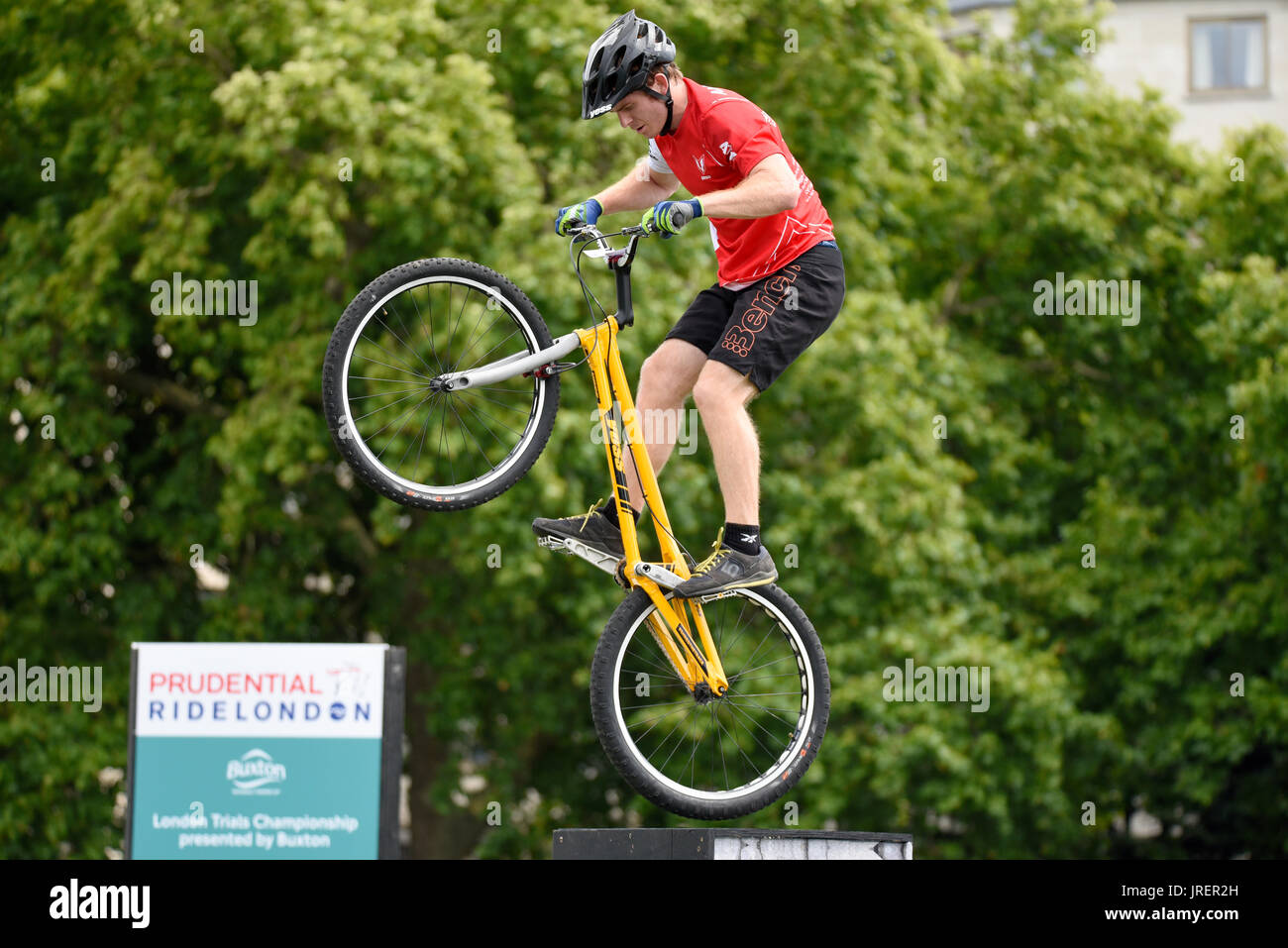 A mountain bike stunt rider during Ride London 2017 Stock Photo