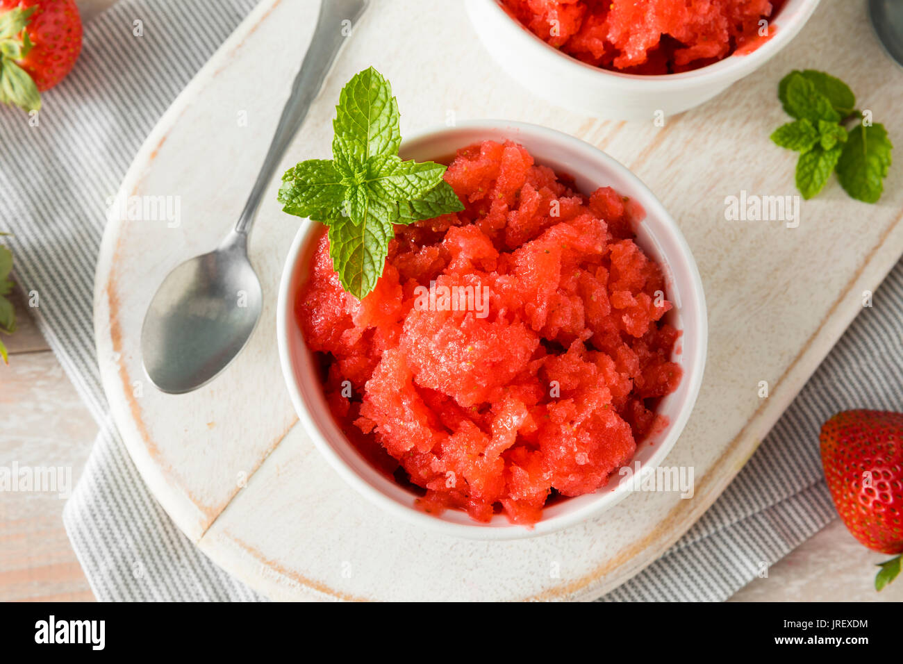 Homemade Italian Strawberry Granita Ice Cream with Mint Stock Photo