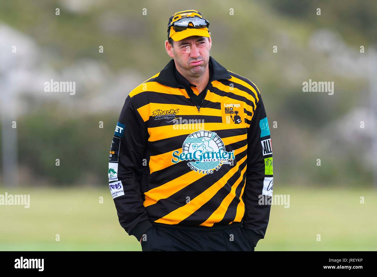 Easton, Portland, Dorset, UK.  4th August 2017.  Former England player Martin Bickenell during the Portland Red Triangle match v Lashings All Stars at the Reforne cricket ground at Easton in Dorset.  Photo Credit: Graham Hunt/Alamy Live News Stock Photo