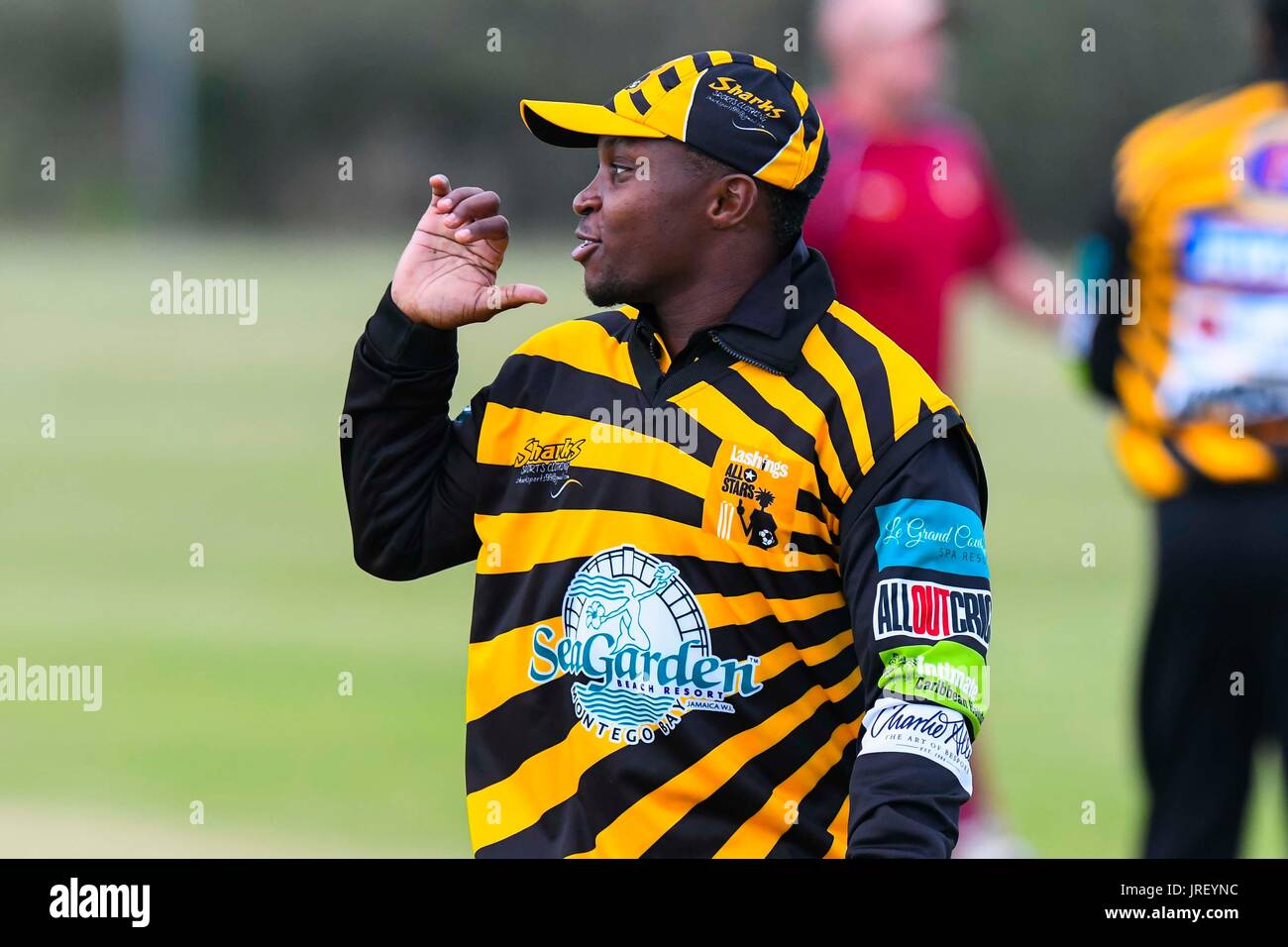 Easton, Portland, Dorset, UK.  4th August 2017.  West Indies player Fidel Edwards during the Portland Red Triangle match v Lashings All Stars at the Reforne cricket ground at Easton in Dorset.  Photo Credit: Graham Hunt/Alamy Live News Stock Photo