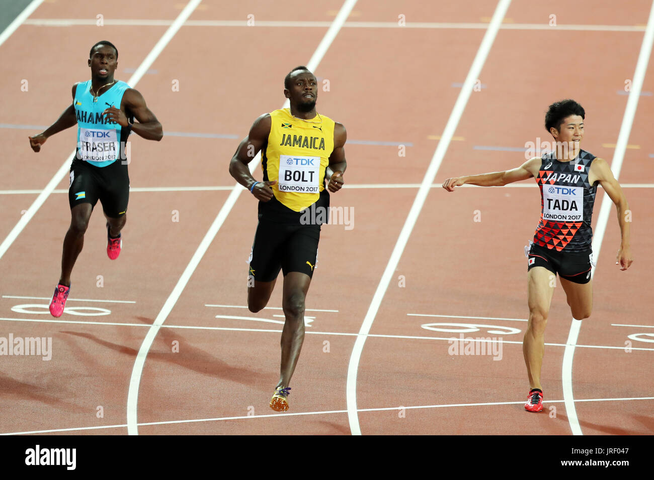 London, UK. 4th Aug, 2017. Usain BOLT, Warren FRASER, Shuhei TADA, competing in the 100m Men's Heat 6 at the 2017, IAAF World Championships, Queen Elizabeth Olympic Park, Stratford, London, UK Credit: Simon Balson/Alamy Live News Stock Photo