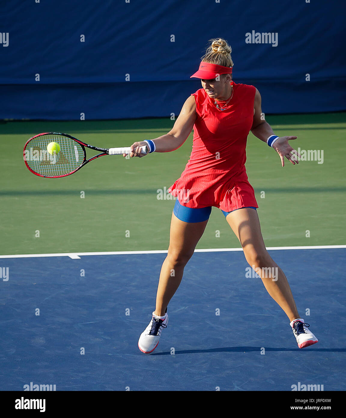 Washington DC, USA. August 4, 2017: Sabine Lisicki (GER) plays a forehand  shot against Oceane Dodin (FRA) at the 2017 Citi Open tennis tournament  being played at Rock Creek Park Tennis Center