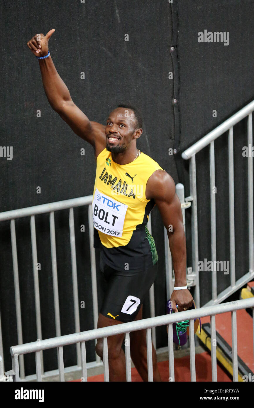 London, UK. 04-Aug-17. Thumbs up from Usain BOLT after winning the 100m Men's Heat 6 at the 2017, IAAF World Championships, Queen Elizabeth Olympic Park, Stratford, London, UK. Credit: Simon Balson/Alamy Live News Stock Photo