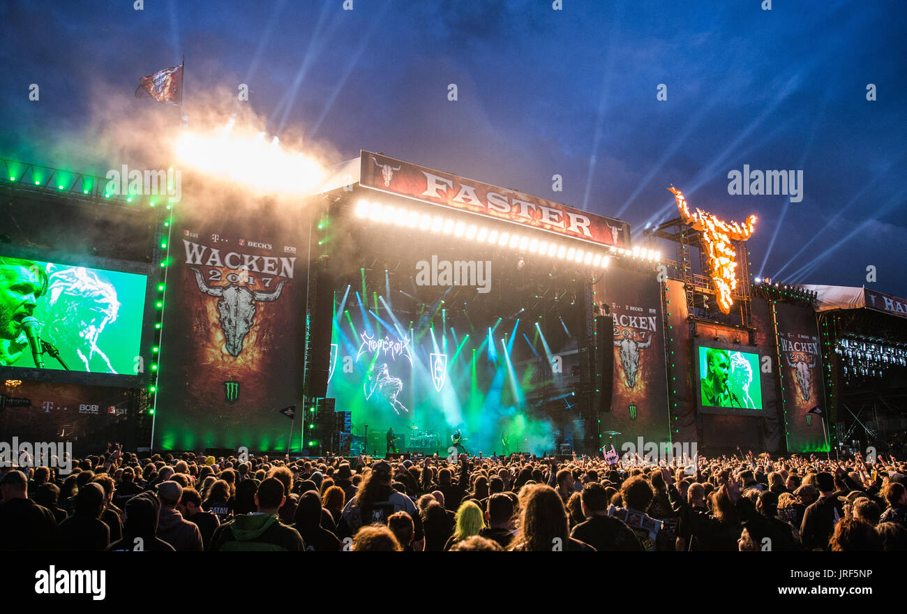 Wacken, Germany. 04th Aug, 2017. The Norwegian black metal band Emperor performing on the Faster Stage of the Wacken Open Air Festivals in Wacken, Germany, 04 August 2017. The Wacken Open Air takes place between 03 and 05 August 2017. Photo: Christophe Gateau/dpa/Alamy Live News Stock Photo