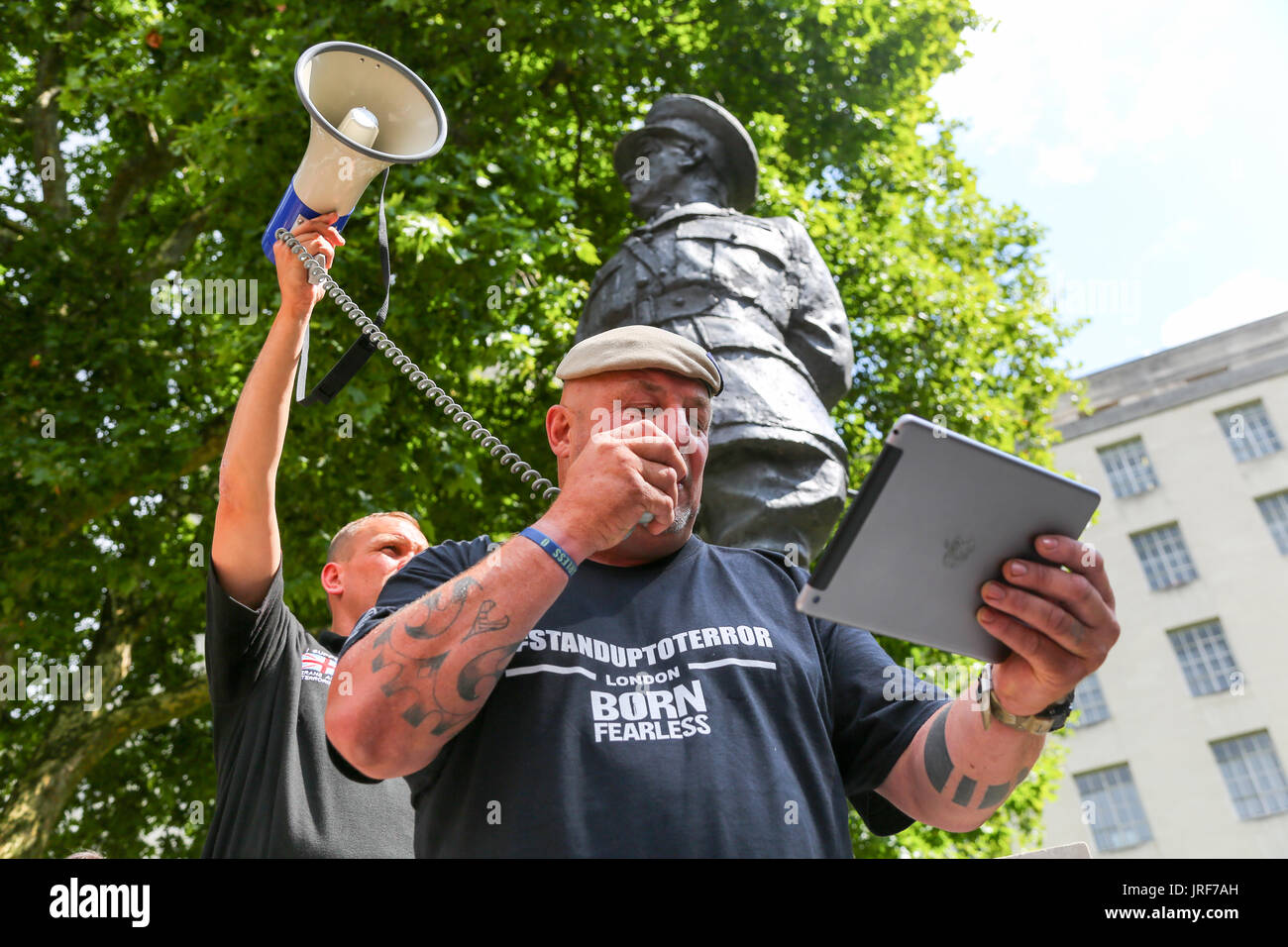 London, UK. 5th Aug, 2017. Veterans Against Terrorism group take a petition to Downing Street asking the British government to take firmer action against the 3,000 suspected Muslim extremists living in Britain. The group marched from Parliament Square to outside Downing Street.. Penelope Barritt/Alamy Live News Stock Photo