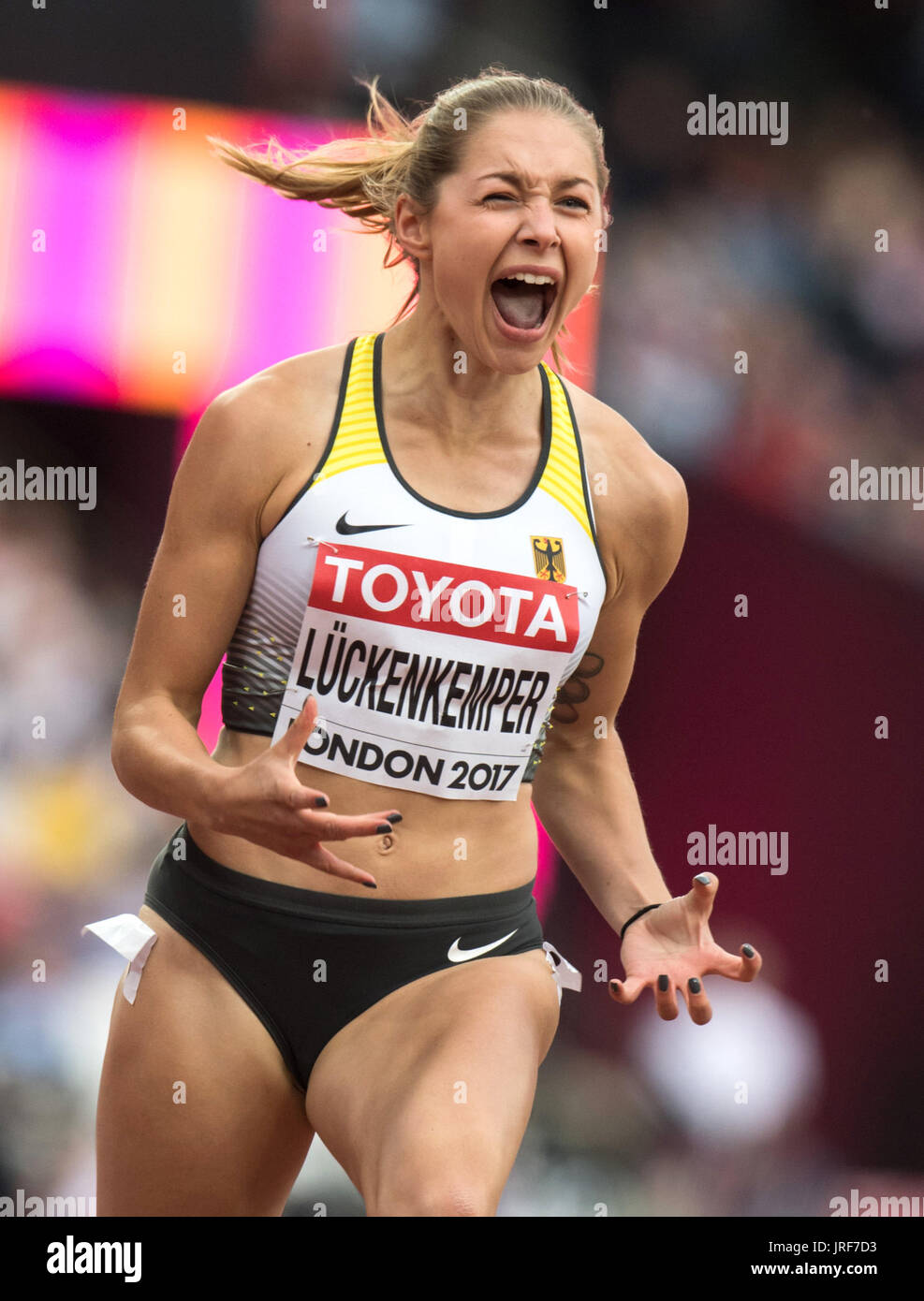 London, Great Britain. 04th Aug, 2017. German sprinter Gina Luckenkemper  celebrates her win at the 100 meter qualifier with her personal record of  10, 95 seconds at the 2017 London World Championships