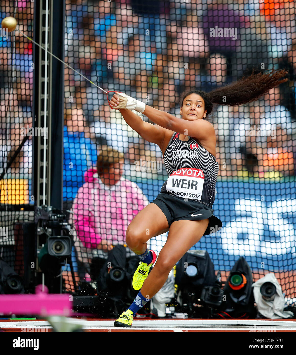 London, Britain. 5th Aug, 2017. Jillian Weir of Canada competes during Women's  Hammer Throw Qualification on Day 2 of the 2017 IAAF World Championships at  London Stadium in London, Britain, on Aug.