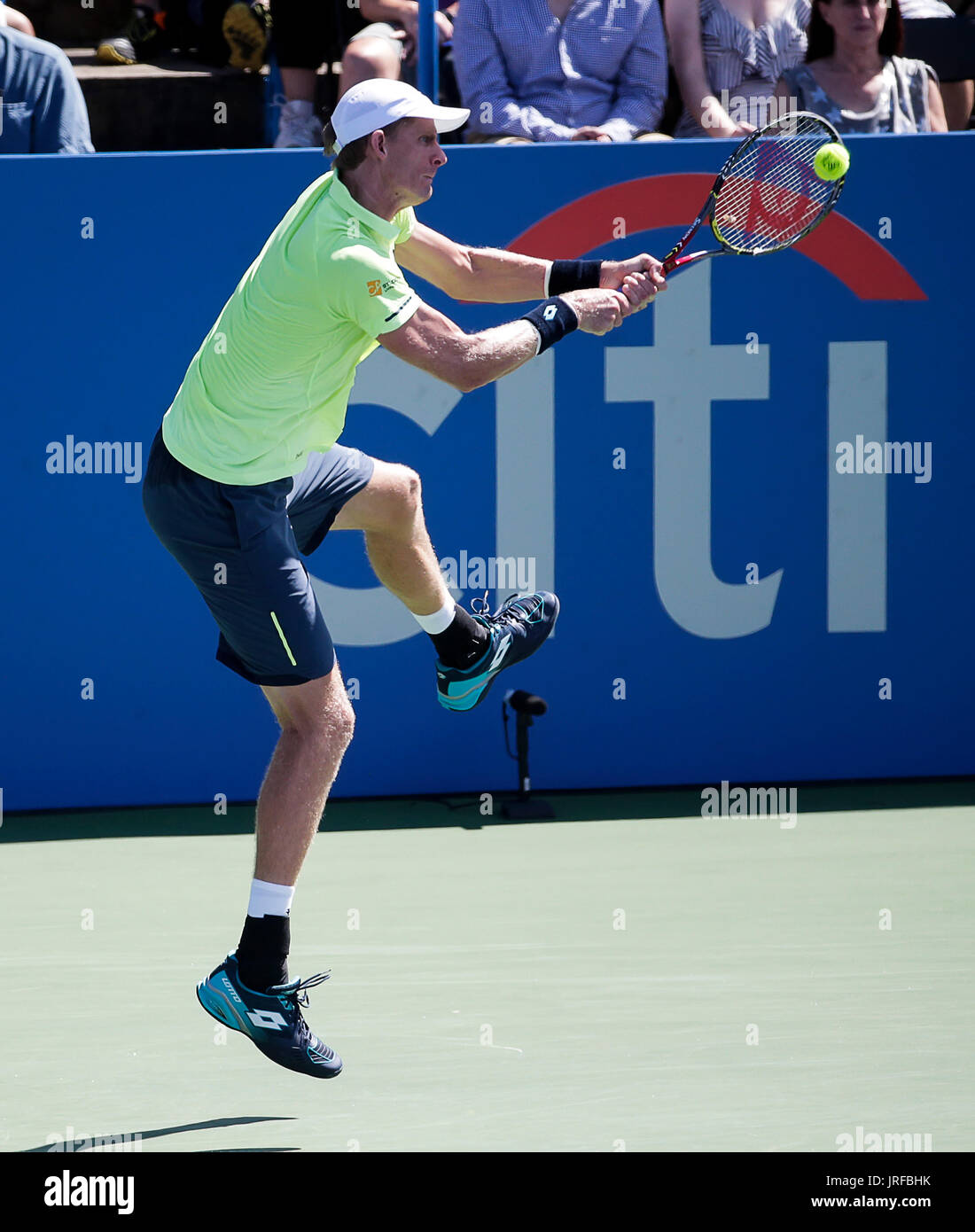August 5, 2017: Kevin Anderson (RSA) kicks his leg up during a forehand shot during a semi final match at the 2017 Citi Open tennis tournament being played at Rock Creek Park Tennis Center in Washington, DC Justin Cooper/CSM Stock Photo