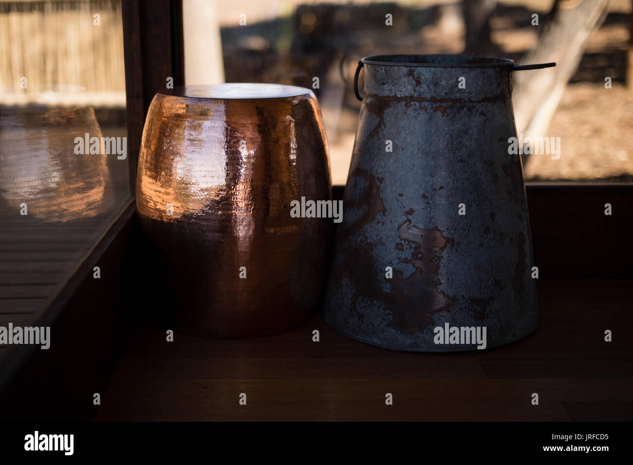 Wooden and ceramic pitcher Stock Photo