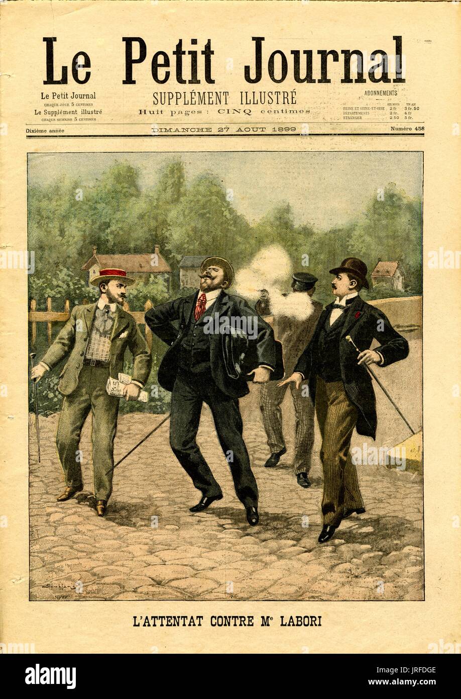 Le Petit Journal Cover, titled L'Attentat Contre M Labori, number 458, three business men are walking on a cobblestone road, one man is being assassinated by a man with a handgun, 1899. Stock Photo