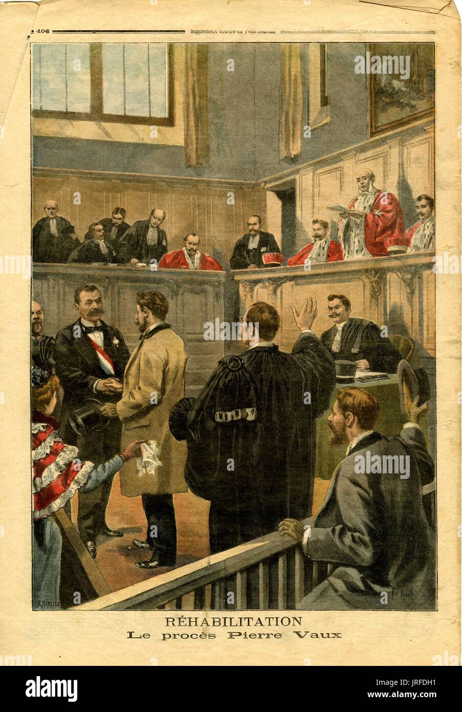Petit Journal back cover, titled 'Rehabilitation, Le process Pierre Vaux', two men are shaking hands in the middle of a courtroom and everyone else is looking on, 1890. Stock Photo