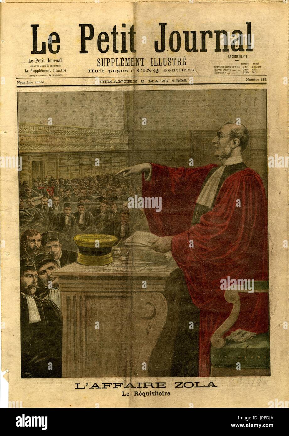 Le Petit journal cover titled 'L'Affaire Zola, Re Requisitoire', number 381, a judge in a big red cloak is standing at his bench and pointing down at people during the Zola Case, 1898. Stock Photo