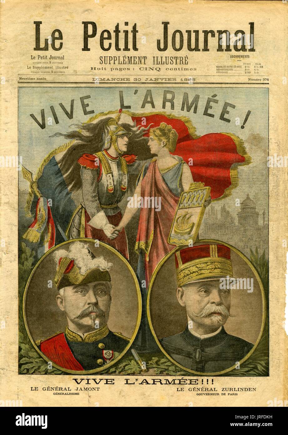 Le Petit Journal cover titled 'Vive L'Armee', number 376, a man of the military and a womanand holding hands in front of a French flag, below are headshots of General Edouard Ferdinand Jamont and governor General Emile Auguste Zurlinden of Paris, 1898. Stock Photo