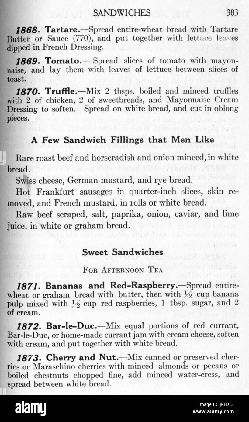Recipe book, excerpt describing recipes for making various sandwiches, including A Few Sandwich Fillings Men Like, 1893. Stock Photo