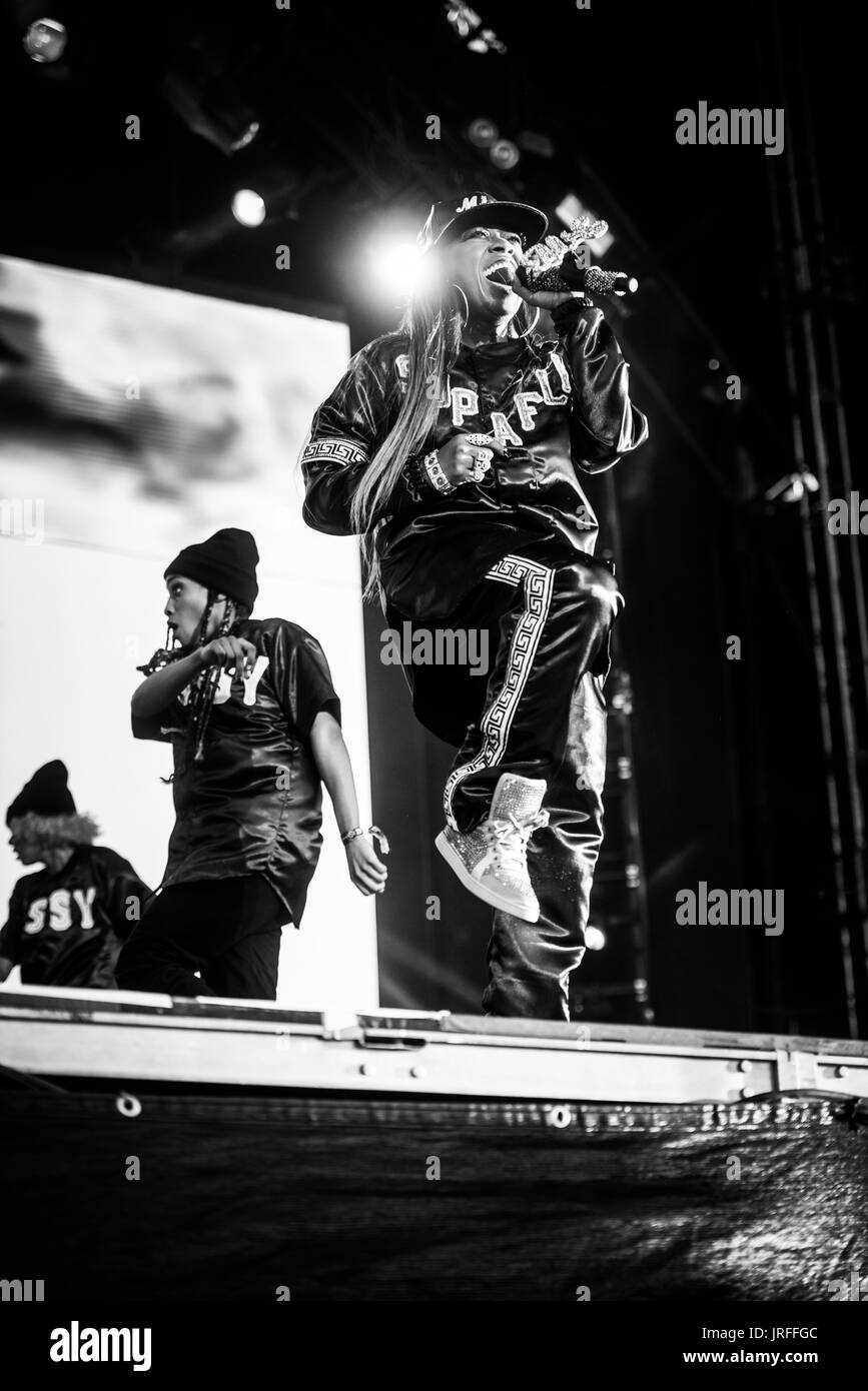 Missy Elliott performing at a music festival in British Columbia Canada in black and white. Stock Photo