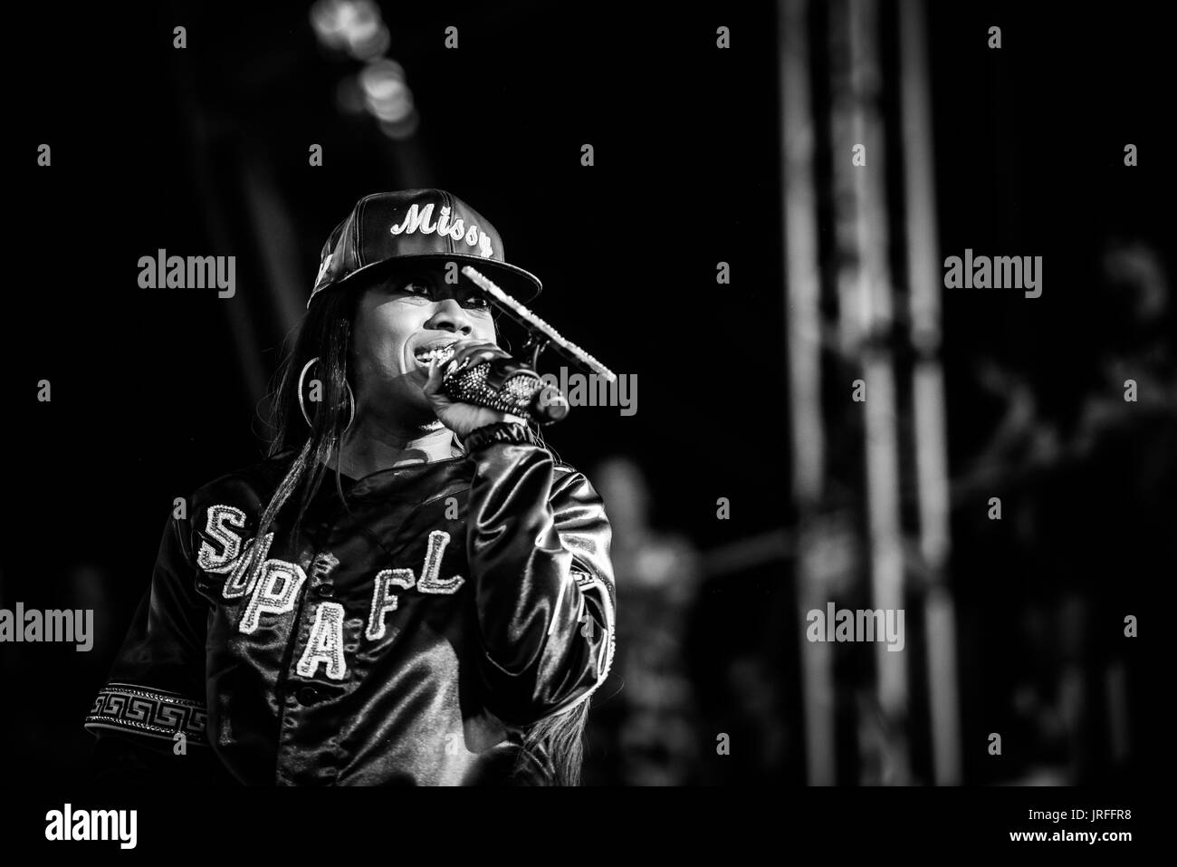 Missy Elliott performing at a music festival in British Columbia Canada in black and white. Stock Photo