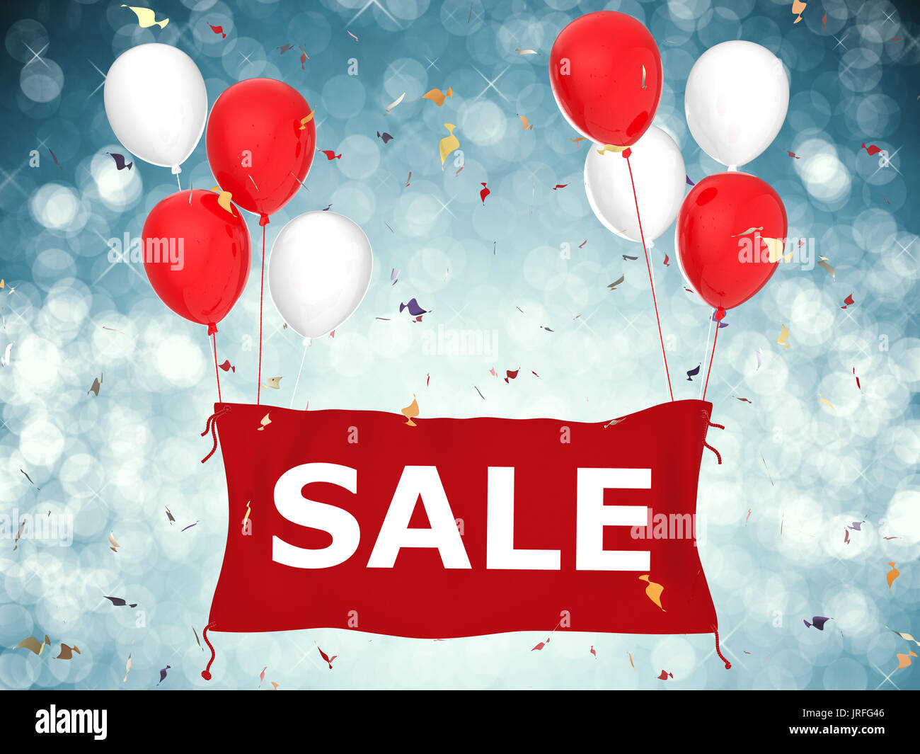 3d rendering sale banner on red cloth with red balloons and confetti ...