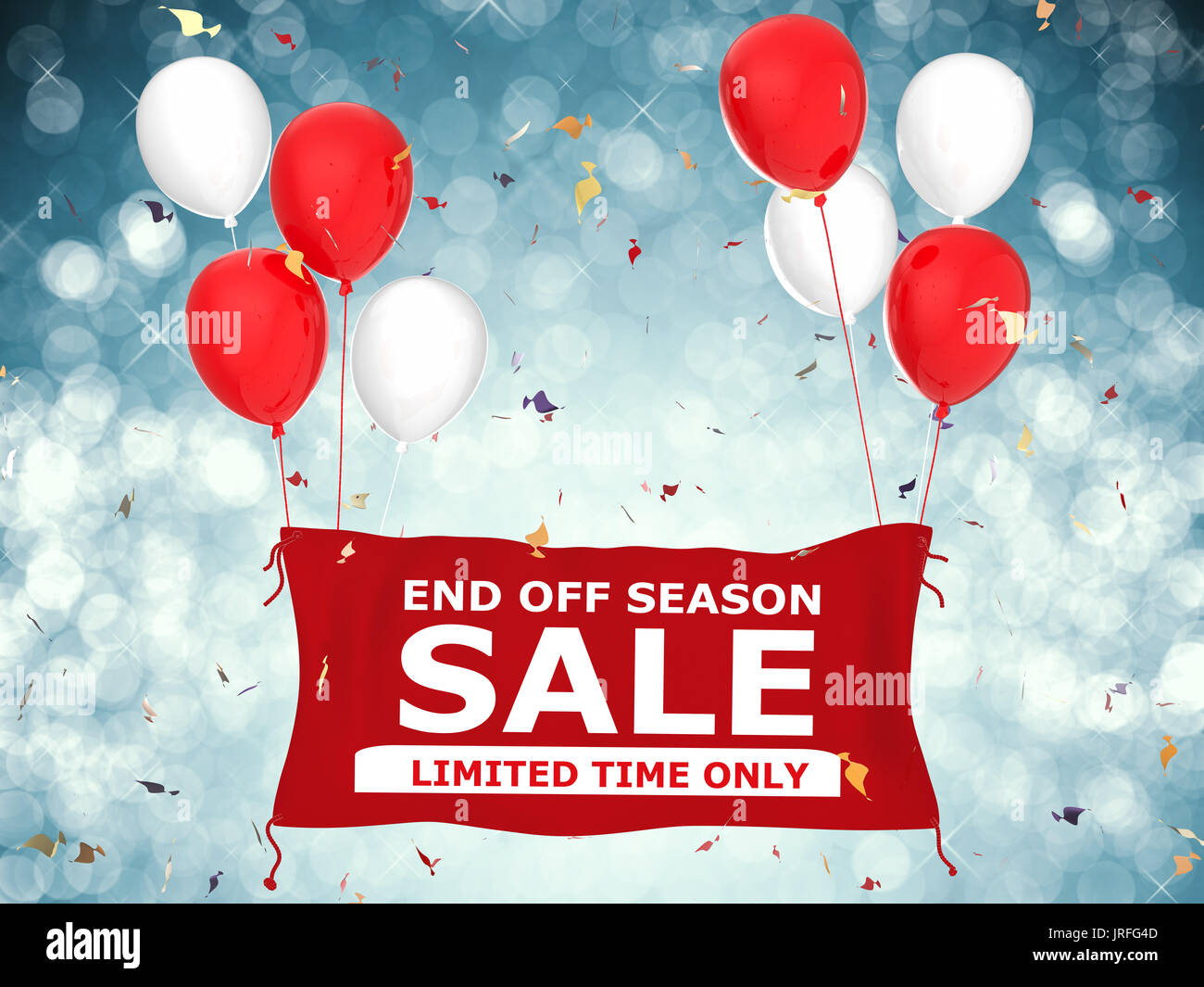 3d rendering end of season sale banner on red cloth with red balloons ...