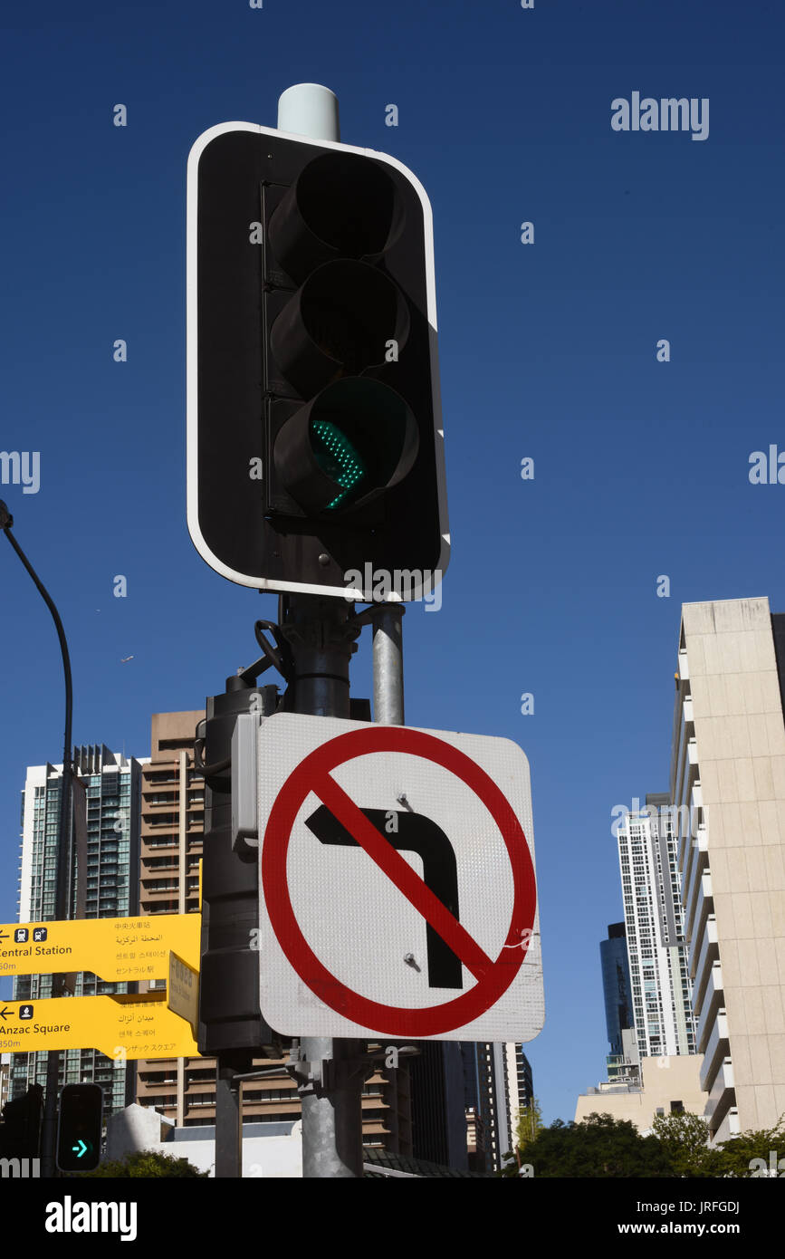 Brisbane, Australia Traffic signals and 'no left turn' sign Stock