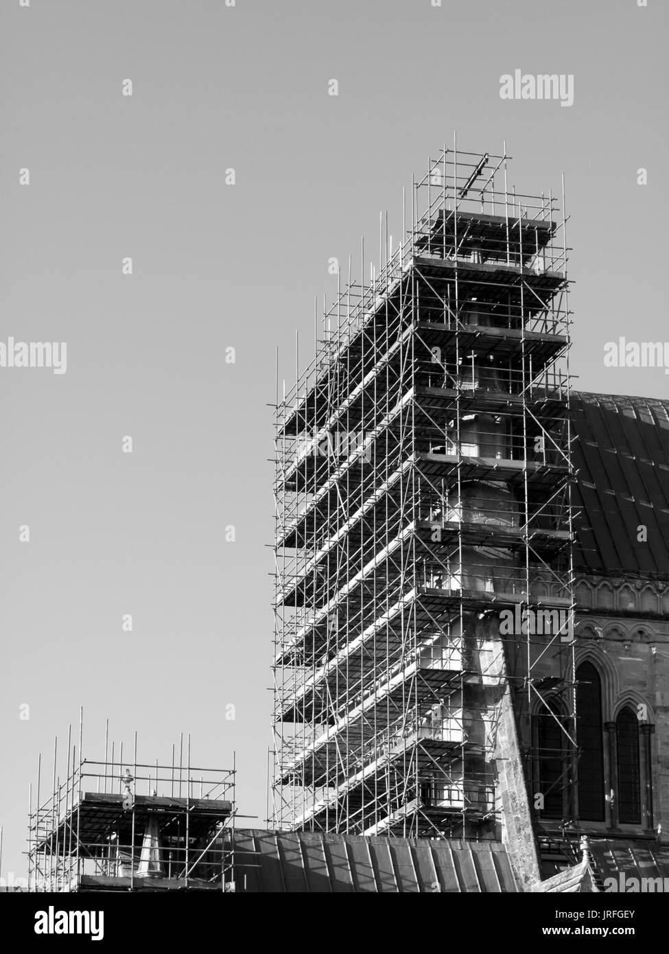Scaffolding to restoration work to Salisbury Anglican medieval gothic Cathedral Stock Photo