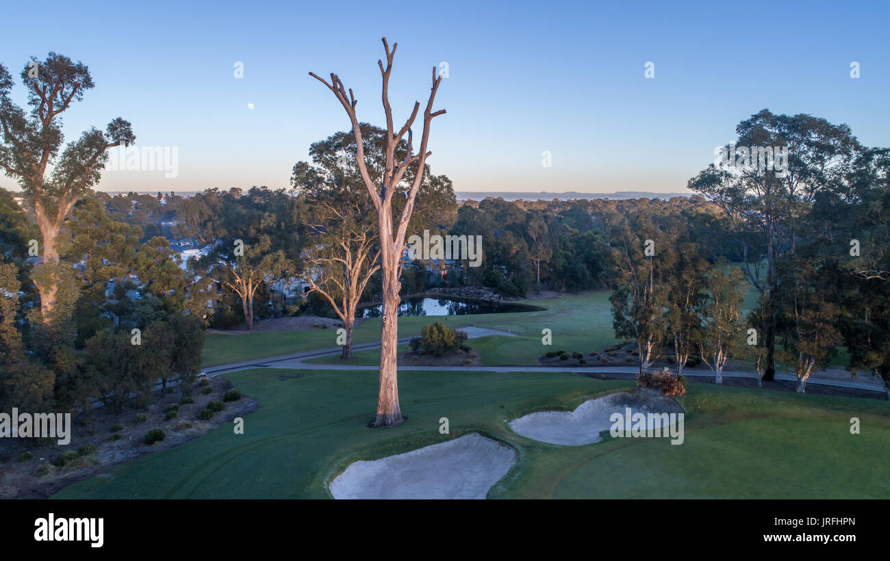 Aerial view of golf course with green, bunkers, tree lined fairway and golf cart pathways Stock Photo