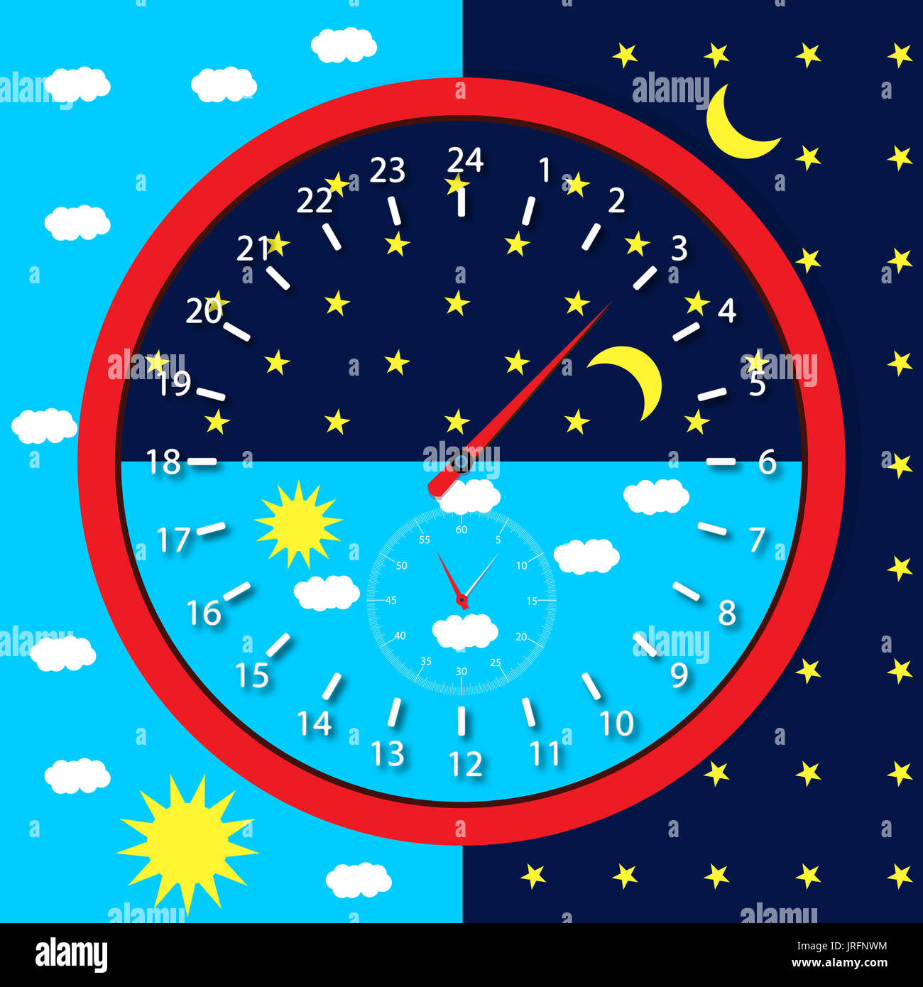 Clock face day and night. Sun and moon, 24 hours, vector illustration Stock Photo