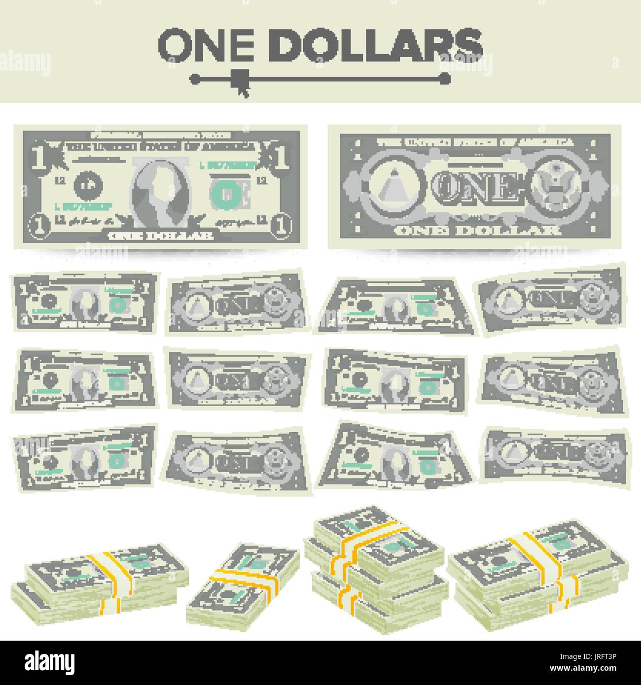 1 Dollar Banknote Vector. Cartoon US Currency. Two Sides Of One American Money Bill Isolated Illustration. Cash Symbol 1 Dollar Stacks Stock Vector