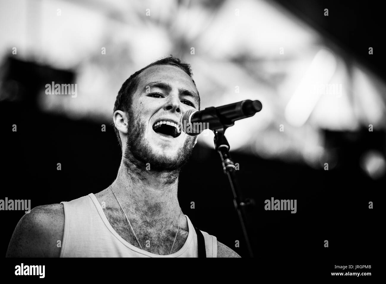 Judah & the Lion performing at a music festival in British Columbia Canada in black and white. Stock Photo