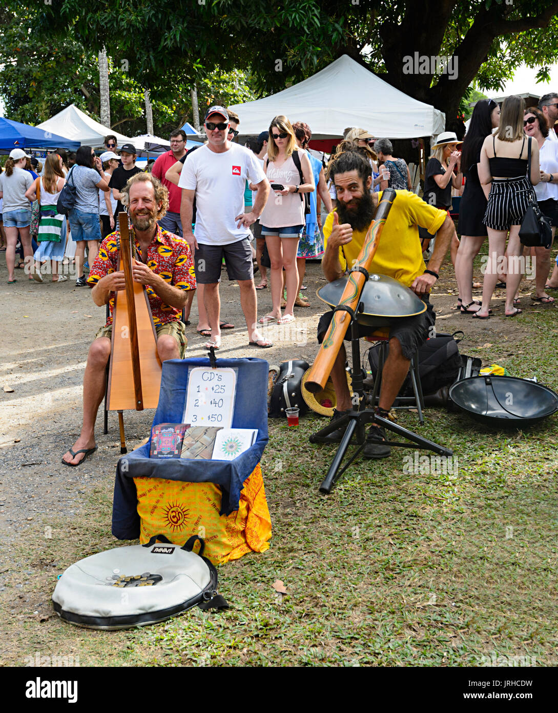 Musicians busking at the Sunday Markets, Port Douglas, Far North Queensland, FNQ, QLD, Australia Stock Photo