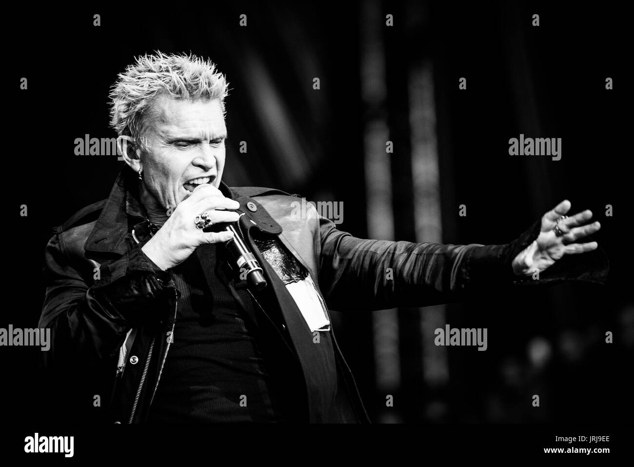 Billy Idol performing at a music festival in British Columbia Canada in black and white. Stock Photo