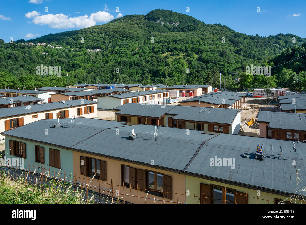 Prefabricated houses built after the earthquake that struck the town of Arquata del Tronto on August 24, 2016 in Italy, Lazio.Arquata del Tronto's med Stock Photo