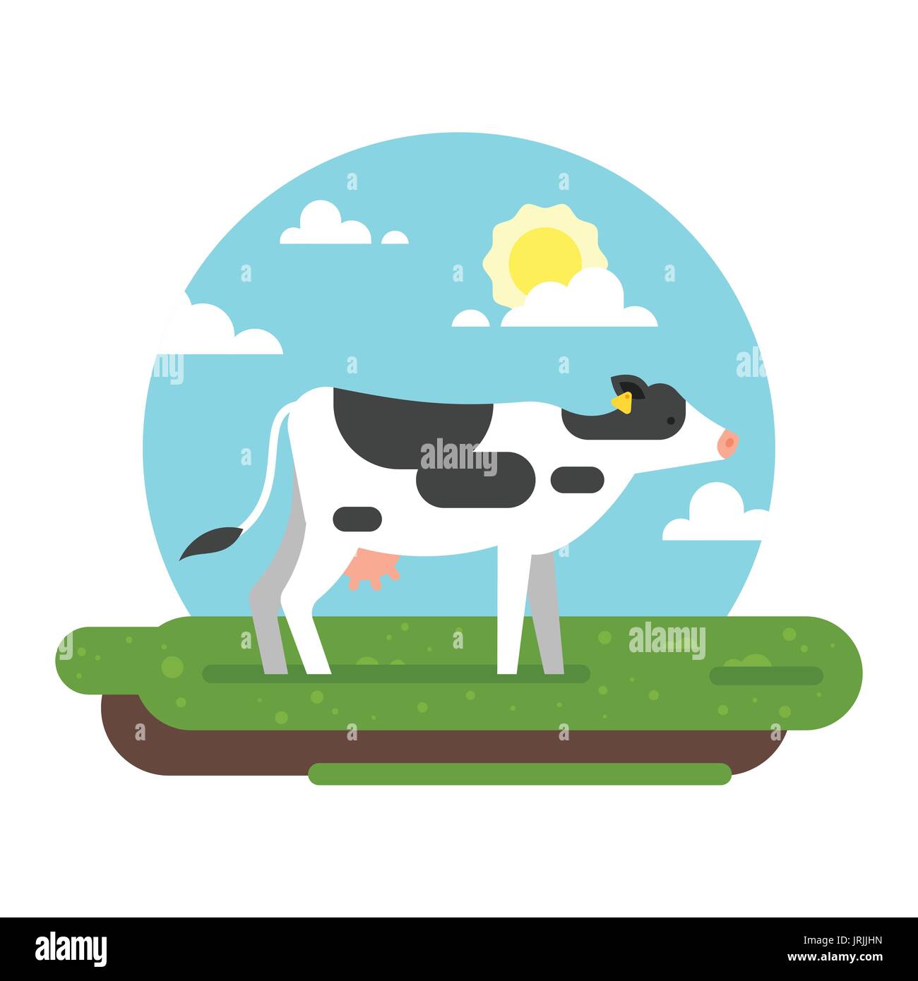 Vector flat style illustration of cow graze in a field. Good sunny day. Nature background. Stock Vector