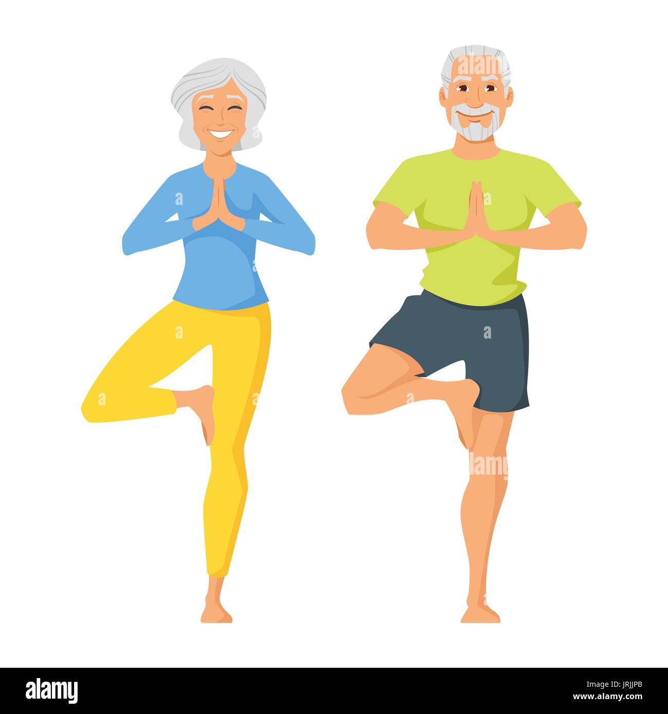 Vector cartoon style illustration of two characters: happy senior man and woman doing yoga exercise. Isolated on white background. Stock Vector