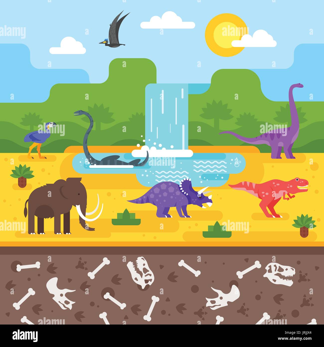 Vector flat style illustration of prehistoric landscape with dinosaurs. Stock Vector