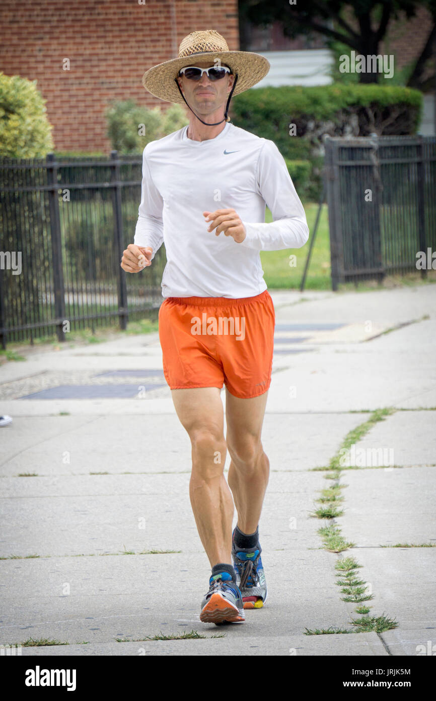 An Austrian ultramarathon runner and endurance athlete at the annual 51 day 3100 mile race in Queens, NY. Stock Photo