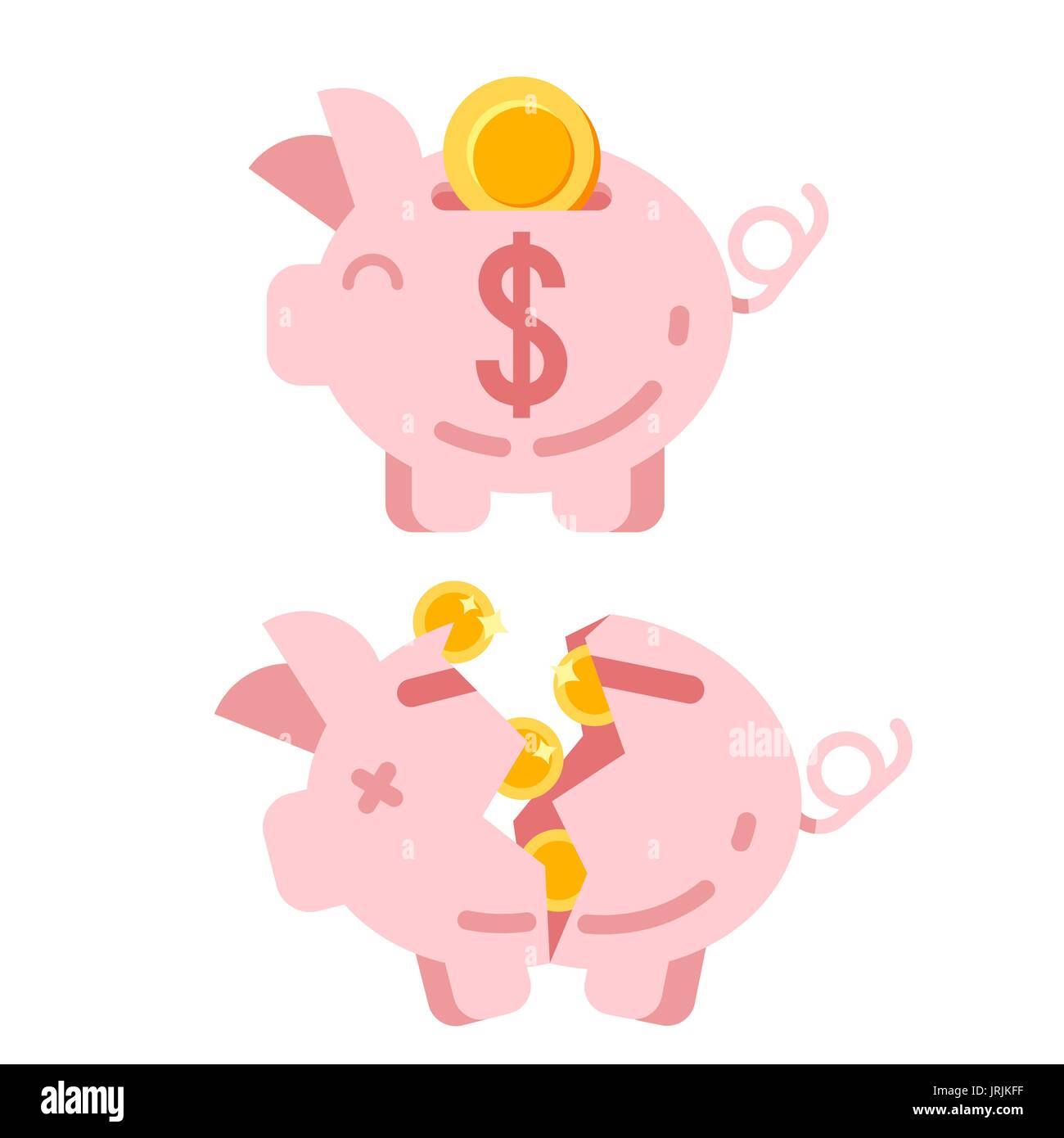 Vector flat style illustration of a piggy bank with golden coins ...