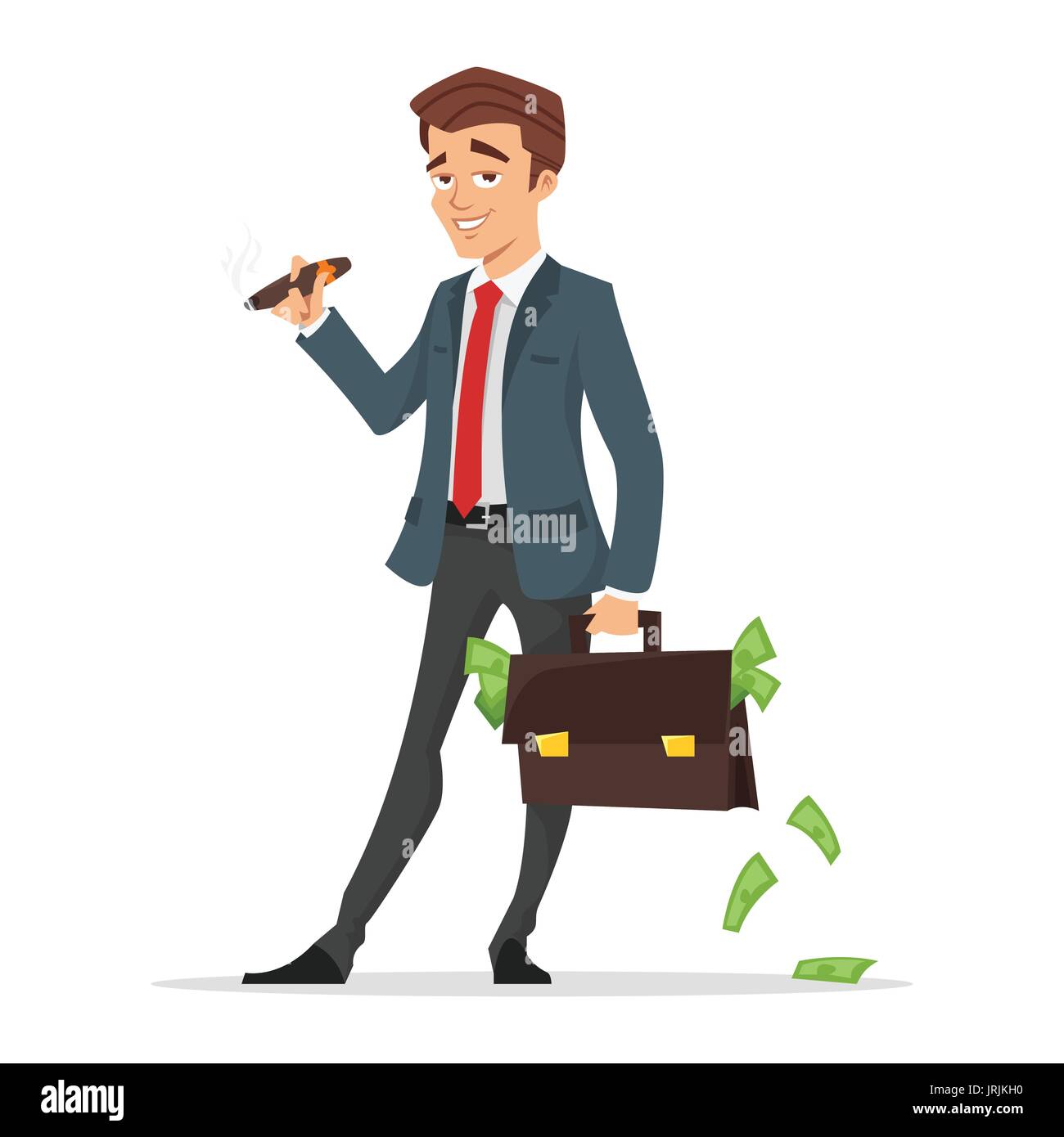 Vector cartoon style illustration of successful businessman holding a case full of money. Isolated on white background. Stock Vector
