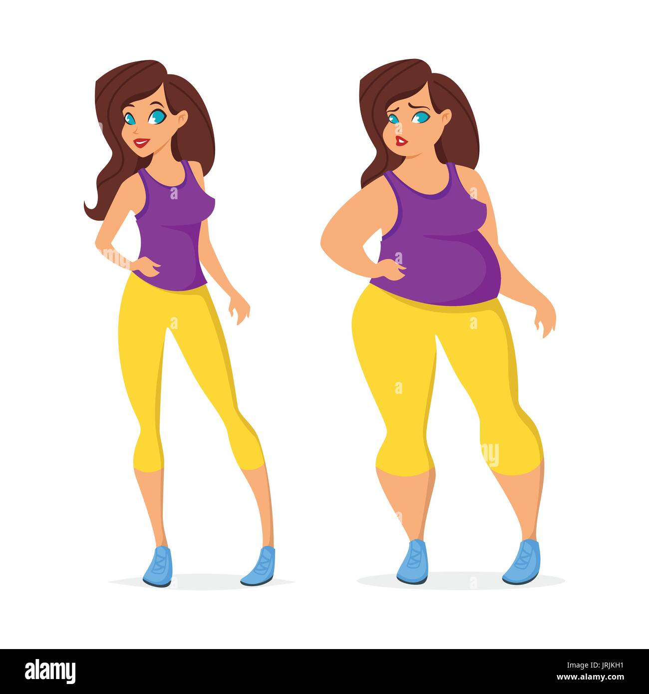 Vector Cartoon Style Illustration Of Fat And Slim Woman In Sport Stock Vector Art And Illustration