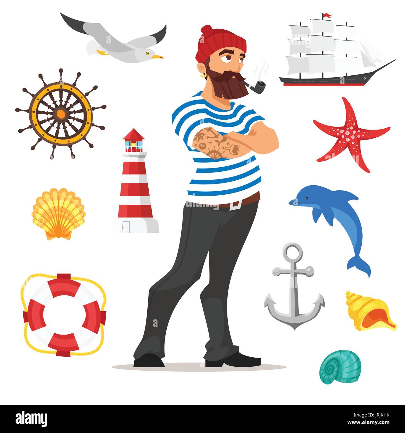 Vector cartoon style illustration of bearded sailor smoking pipe. Sea icons. Isolated on white background. Stock Vector