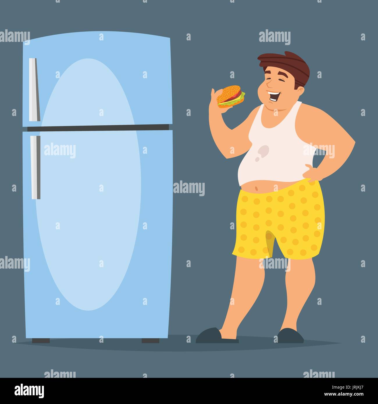 Vector cartoon style illustration of happy fat man character eating hamburger near fridge. Stock Vector